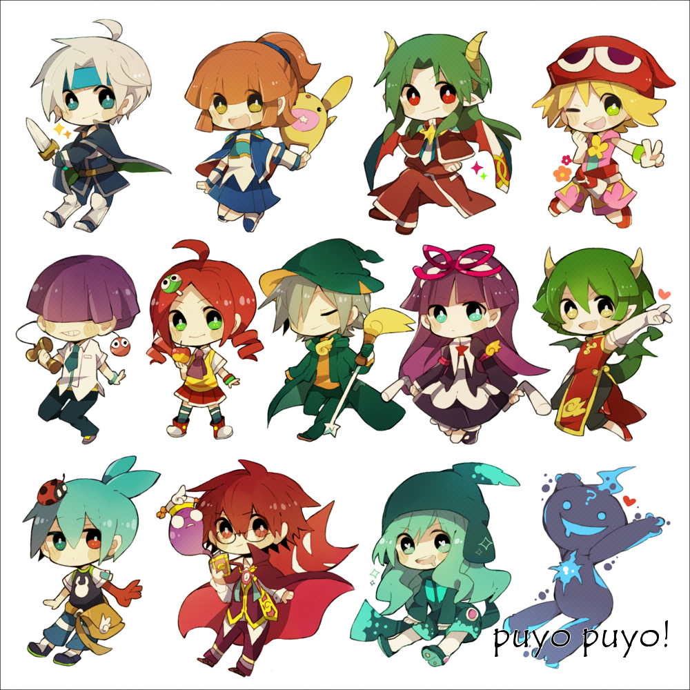 5girls, 6+boys, ?, ahoge, amitie, amitie_(puyopuyo), andou_ringo, apple, aqua_eyes, aqua_hair, arle_nadja, armor, armored_dress, bag, blonde_hair, blue_eyes, book, boots, bow, brown_hair, cape, capri_pants, carbuncle_(puyopuyo), chibi, china_dress, chinese_clothes, closed_eyes, copyright_name, creature, crossed_arms, crossed_legs, draco_centauros, dress, drill_hair, ecolo, ekoro, elbow_gloves, everyone, expressionless, facial_mark, feli_(puyopuyo), food, forehead_mark, fruit, glasses, gloves, greaves, green_eyes, green_hair, grin, hair_bow, hair_ornament, hair_over_eyes, hairclip, half_updo, hat, headband, heart, heart-shaped_pupils, heterochromia, horns, kendama, klug, klug_(puyopuyo), ladybug, lemres, lemres_(puyopuyo), long_hair, madou_monogatari, meiji_(meeeeji), multiple_boys, multiple_girls, necktie, object_namesake, pantyhose, purple_hair, puyopuyo, puyopuyo_7, puyopuyo_fever, red_eyes, redhead, sasaki_maguro, satan_(puyopuyo), schezo_wegey, school_uniform, shawl, shirt, short_hair, shorts, sig_(puyopuyo), sitting, skirt, smile, staff, strange_klug, sweater_vest, sword, symbol-shaped_pupils, thigh-highs, twin_drills, twintails, v, weapon, white_background, white_hair, white_legwear, wink, yellow_eyes