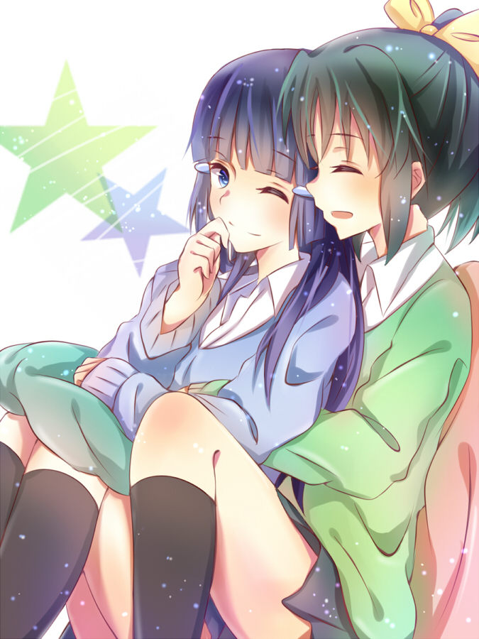 2girls, aoki_reika, between_legs, blue_eyes, blue_hair, blush, closed_eyes, couple