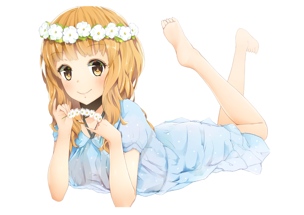 1girl, barefoot, blonde_hair, blush, flower, hair_ornament, idolmaster, idolmaster_cinderella_girls