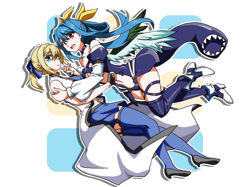 2girls, asymmetrical_wings, bare_shoulders, black_legwear, blonde_hair, blue_eyes, blue_hair, blue_legwear