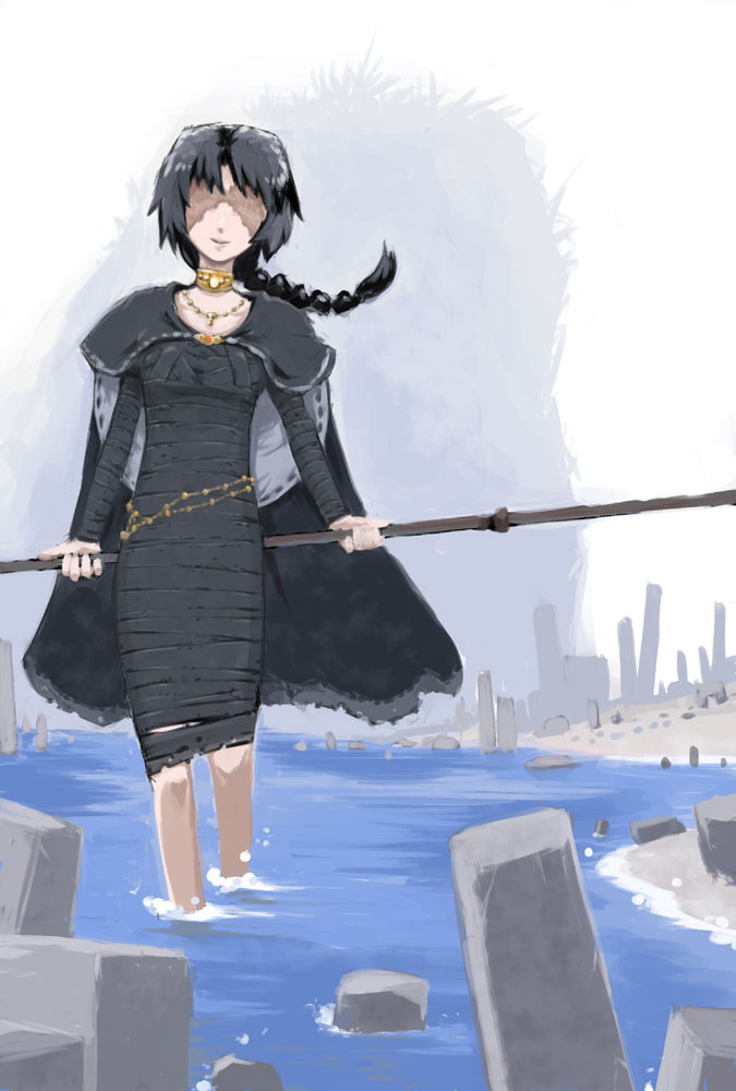 black_hair, cape, choker, demon's_souls, dress, female, long_hair, maiden_in_black