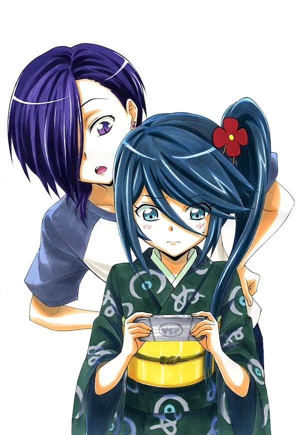 1boy, 1girl, black_hair, blue_eyes, hataraku_maou-sama!, japanese_clothes, kamazuki_suzuno, kimono, long_hair, lucifer_(hataraku_maou-sama!), playstation_portable, short_hair, side_ponytail, solo, violet_eyes