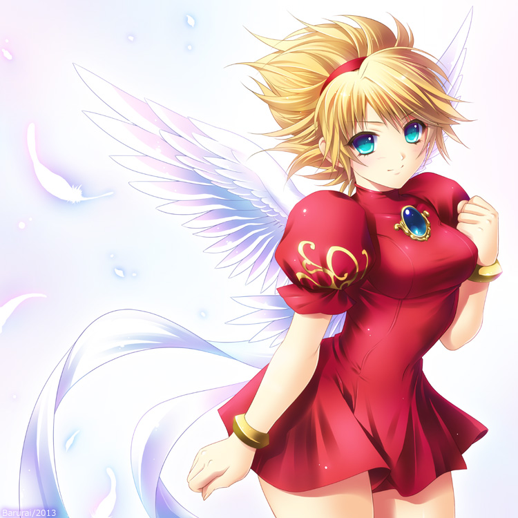 1girl, blonde_hair, blush, bracelet, breath_of_fire, breath_of_fire_iii, bururai, dress, feathers, green_eyes, hairband, jewelry, nina_(breath_of_fire_iii), short_hair, smile, solo, white_wings, wings