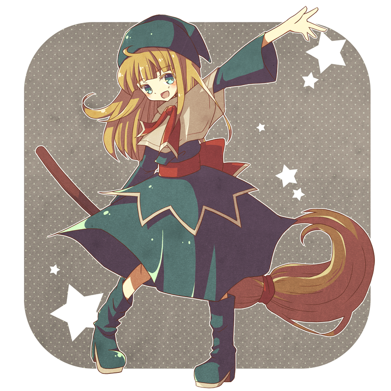 1girl, aqua_eyes, arm_up, blonde_hair, blue_dress, broom, chaki_(chakan), dress