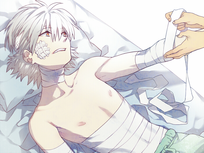 1boy, bandages, lying, male, nagisa_kaworu, neon_genesis_evangelion, red_eyes, shirtless, silver_hair, solo, tapiet