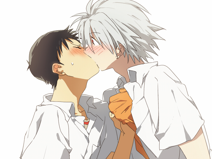 2boys, black_hair, blush, ikari_shinji, kiss, multiple_boys, nagisa_kaworu, neon_genesis_evangelion