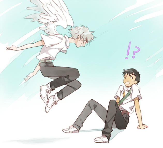 !?, 2boys, angel_wings, brown_hair, flying, ikari_shinji, multiple_boys, nagisa_kaworu, neon_genesis_evangelion, silver_hair, smile, surprised, tapiet, wings