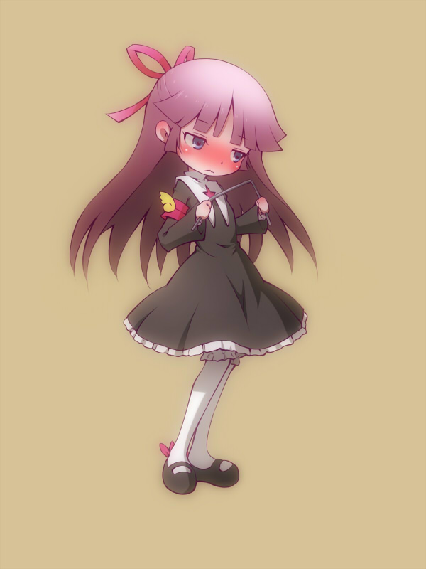 1girl, blue_eyes, blush, brown_background, dress, feli_(puyopuyo), flerov, frills
