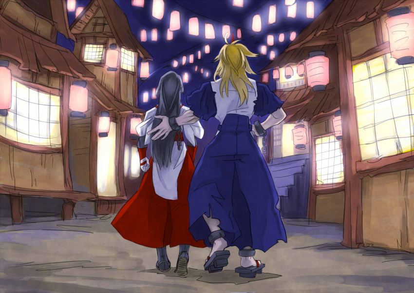 2girls, ahoge, black_hair, black_legwear, blonde_hair, broken_chains, chain, city