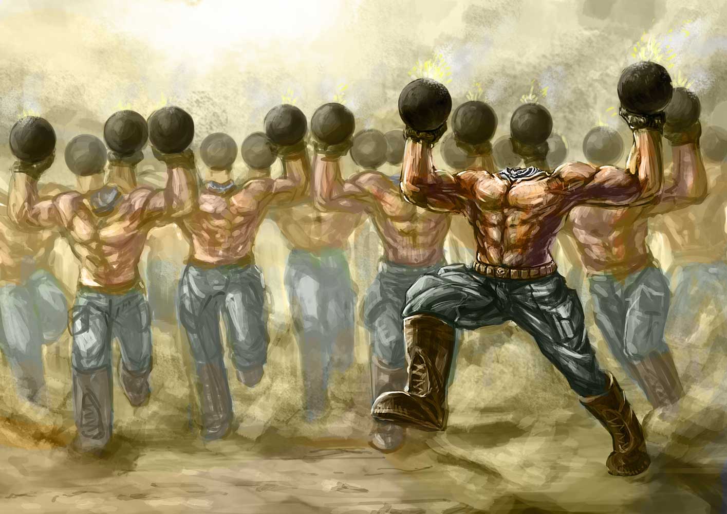 beheaded_kamikaze, bomb, boots, cargo_pants, decapitated, multiple_boys, muscle, no_shirt