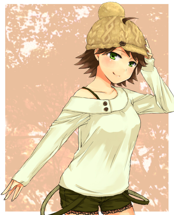 awakened_miki, bare_shoulders, blush, breasts, brown_hair, casual, fingernails, green_eyes