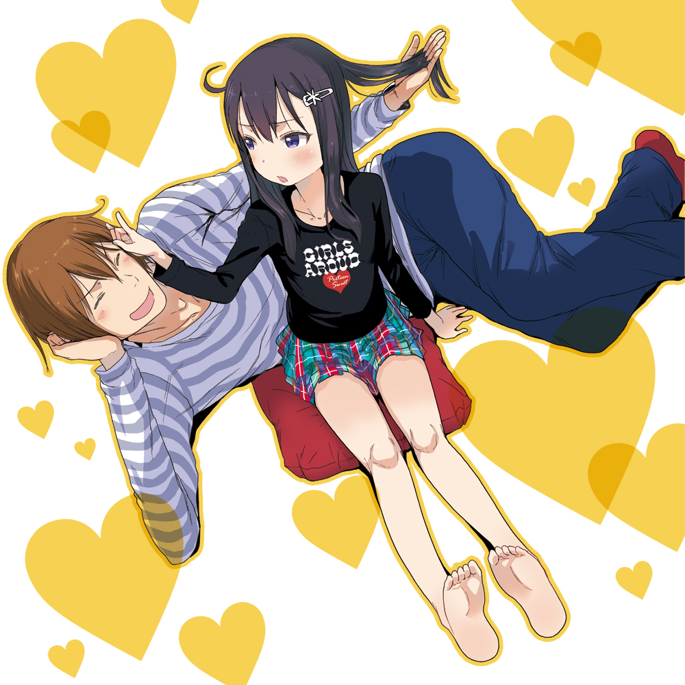 ahoge, arekusa_mahon, bare_legs, barefoot, black_eyes, black_hair, brown_hair, closed_eyes