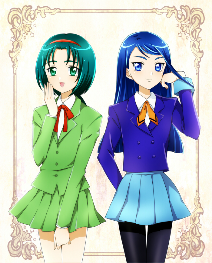 2girls, akimoto_komachi, black_legwear, blazer, blue_eyes, blue_hair, blush, color_connection