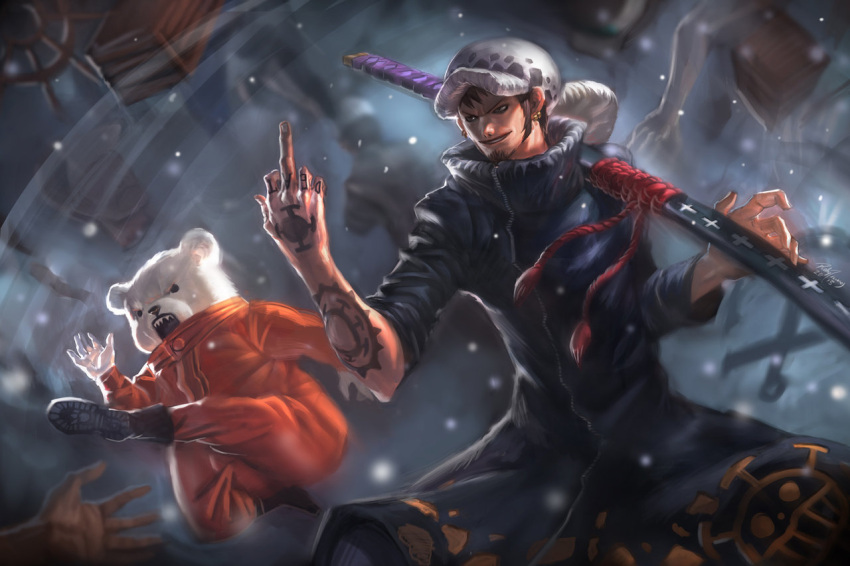 2boys, anchor, battle, bear, beard, bepo, brown_hair, crate
