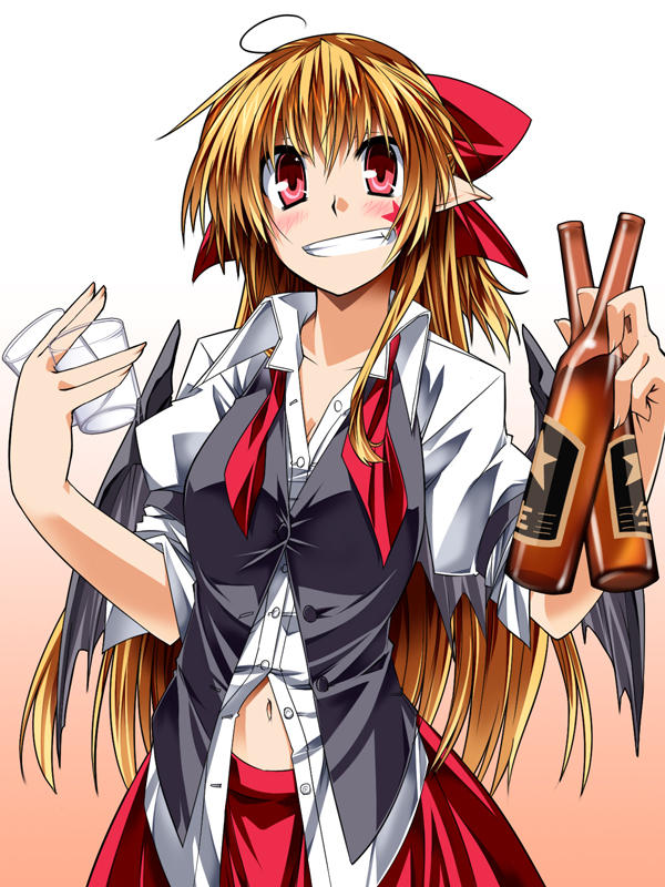 1girl, bat_wings, black_wings, blonde_hair, blush, bottle, bow, collarbone