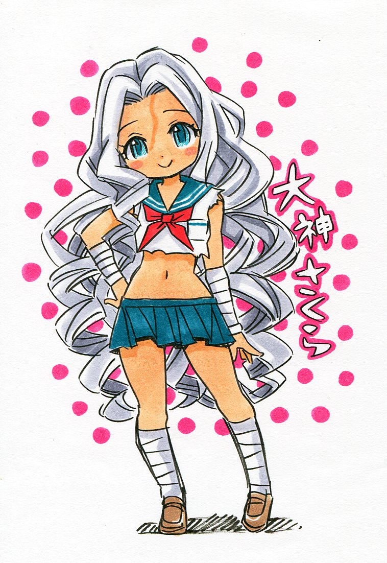 1girl, blue_eyes, dangan_ronpa, komotodaemai, long_hair, midriff, ookami_sakura, scar