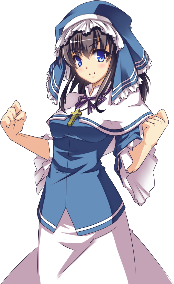 1girl, :>, black_hair, blue_eyes, blush, breasts, capelet, choco_la_tea