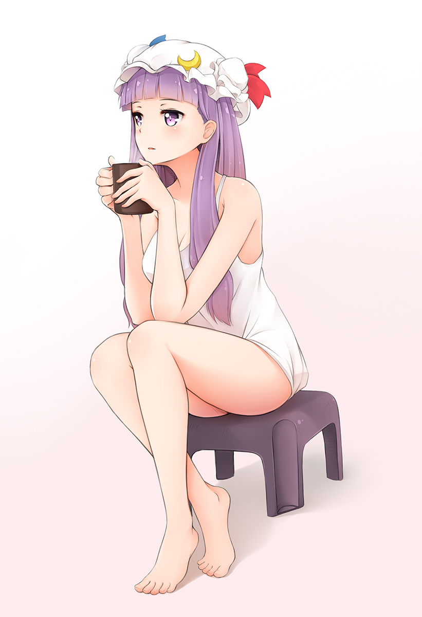 1girl, alternate_costume, bare_shoulders, barefoot, blush, breasts, chair, cleavage