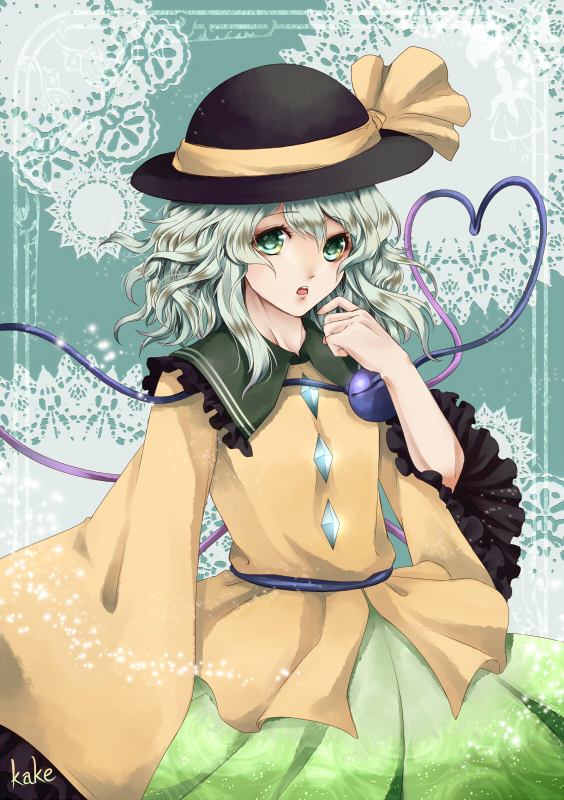 1girl, diamond, eyeball, frills, green_eyes, green_hair, hat, hat_ribbon