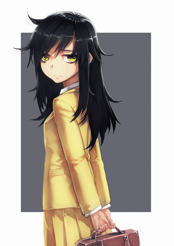 1girl, bag, bags_under_eyes, black_hair, expressionless, from_behind, green_eyes, kuroki_tomoko