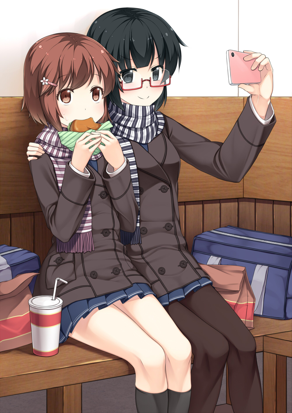 2girls, bag, bench, black_eyes, black_hair, brown_eyes, brown_hair, drink