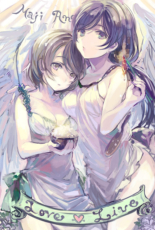 2girls, ame_yamori, angel_wings, apron, arm_around_shoulder, arm_around_waist, brown_eyes, brown_hair