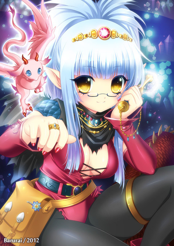 1girl, bag, blue_hair, blush, breasts, bururai, cleavage, elf