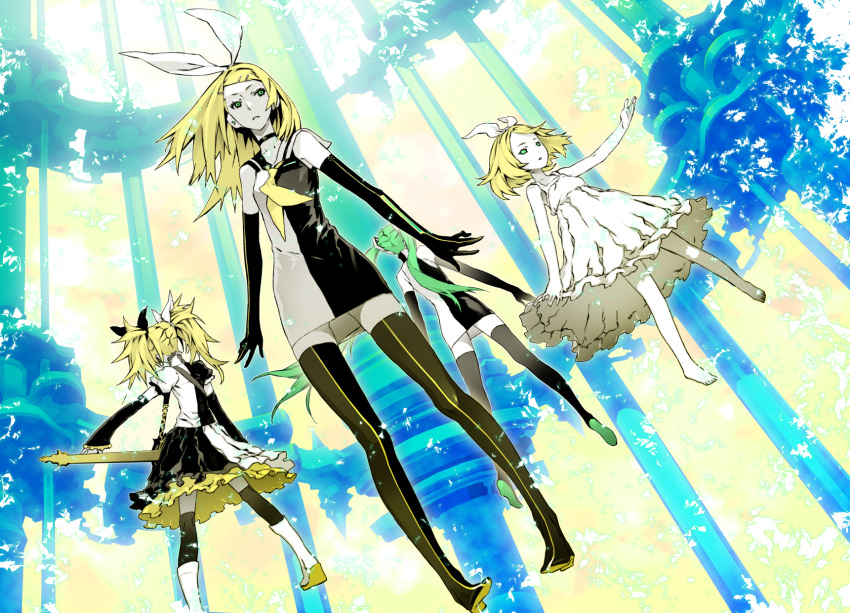 choker, dress, hatsune_miku, hatsune_miku_(roshin_yuukai/nitamagomix), highres, kagamine_rin, kagamine_rin_(roshin_yuukai), kagamine_rin_(roshin_yuukai/hard_rkmix), legs, meltdown_(vocaloid), miwa_shirou, miwa_shirow, multiple_persona, roshin_yuukai_(vocaloid), thighhighs, time_paradox, twintails, vocaloid