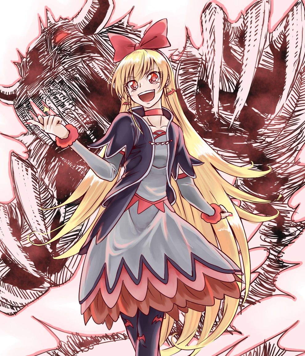 1girl, :d, bat, bat_print, blonde_hair, bow, choker, cropped_jacket, dokidoki!_precure, dress, earrings, guroneko, hair_bow, horns, jewelry, long_hair, monster, open_mouth, pantyhose, precure, red_eyes, regina_(dokidoki!_precure), smile, snapping_fingers