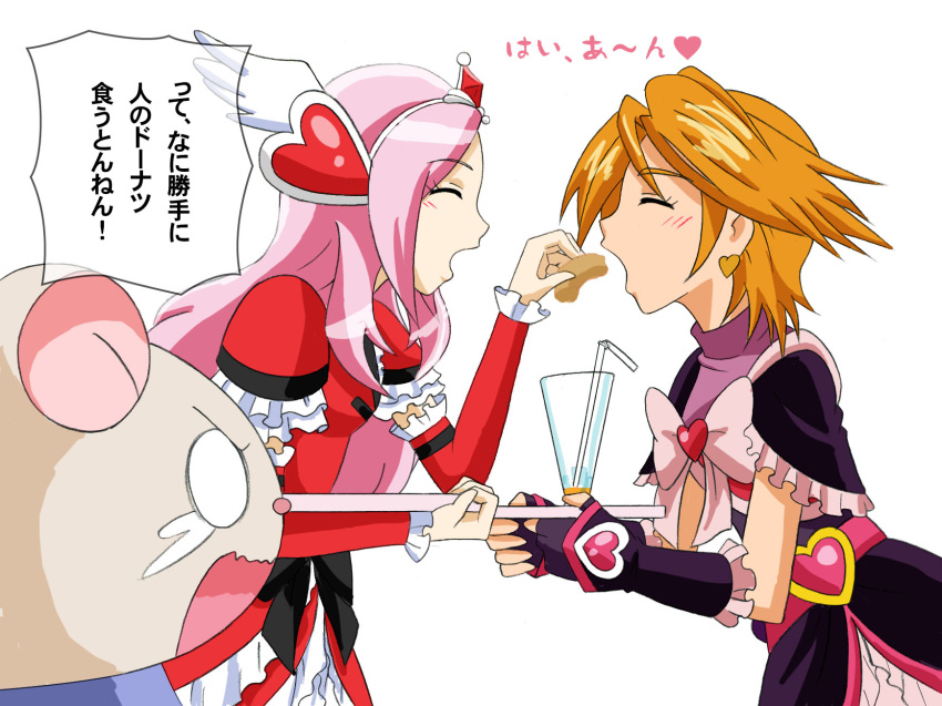 2girls, closed_eyes, cure_black, cure_passion, doughnut, eating, feeding, fresh_precure!