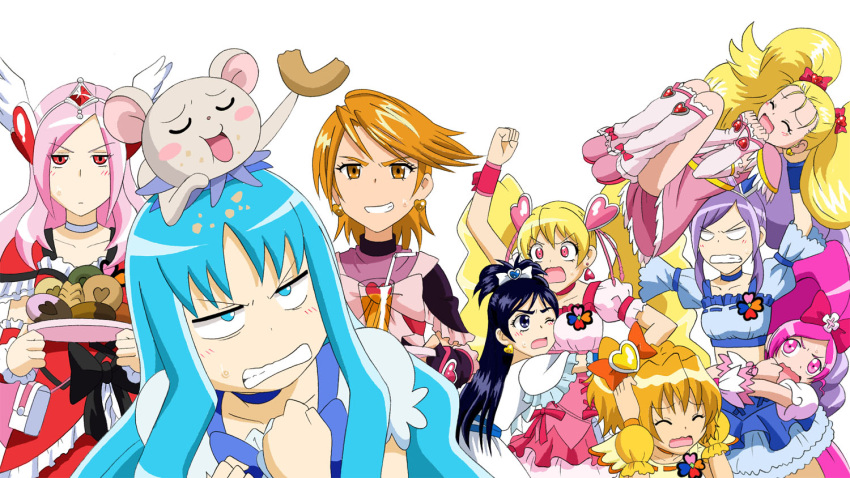 6+girls, angry, annoyed, aono_miki, closed_eyes, cup, cure_berry, cure_black