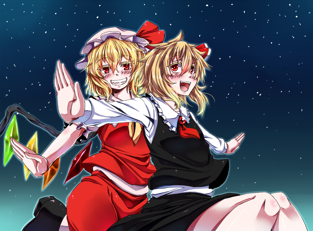 2girls, blonde_hair, blush, flandre_scarlet, hair_ribbon, hat, hat_ribbon, kuon_yashiro