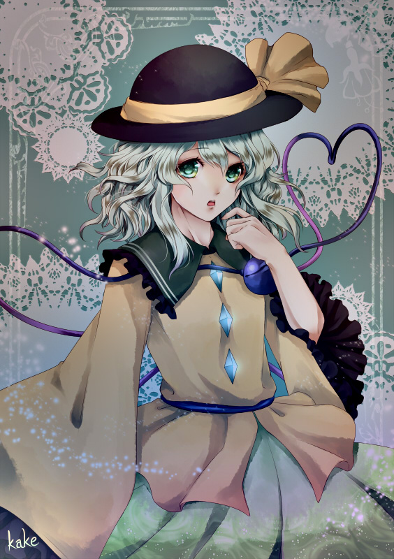 1girl, diamond, eyeball, floral_print, frills, green_background, green_eyes, green_hair