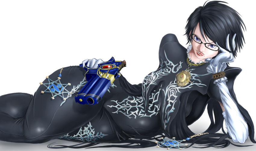1girl, alternate_hair_length, alternate_hairstyle, amulet, bayonetta, bayonetta_(character), bayonetta_2, black_hair, blue_eyes, bodysuit, breasts, chin_rest, elbow_gloves, glasses, gloves, gun, handgun, large_breasts, lip_licking, lipstick, makeup, mole, on_side, pachimon, short_hair, solo, weapon, white_gloves