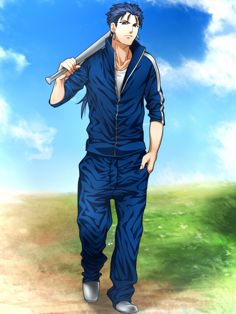 aluminum_bat, baseball_bat, blue_hair, earrings, fate/stay_night, fate_(series), hand_in_pocket, jewelry