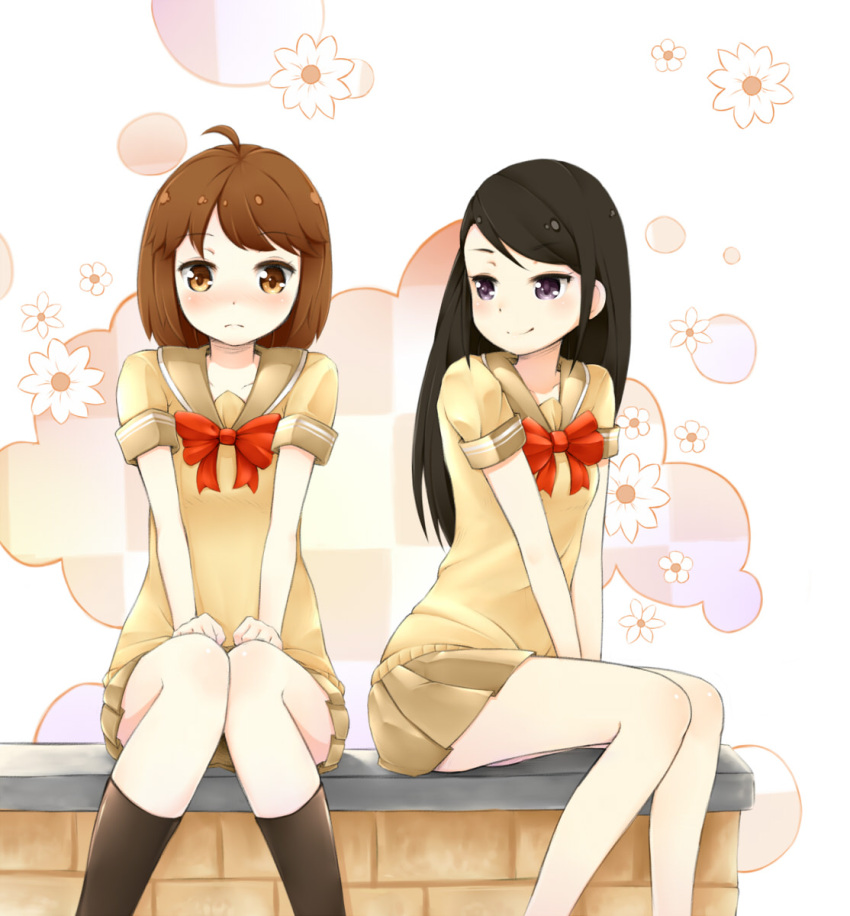 2girls, black_hair, blush, bow, brown_eyes, brown_hair, flower, highres