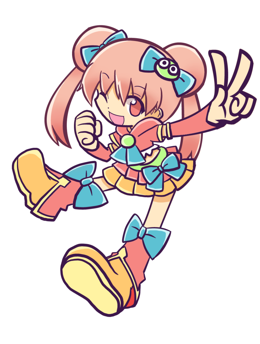 1girl, ;d, arm_warmers, boots, bow, cropped_jacket, double_bun, hair_bow