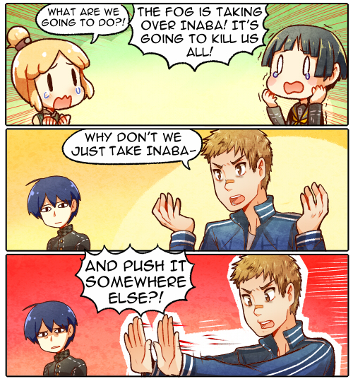 2boys, 2girls, 3koma, bandages, black_hair, blonde_hair, blue_hair, brown_hair