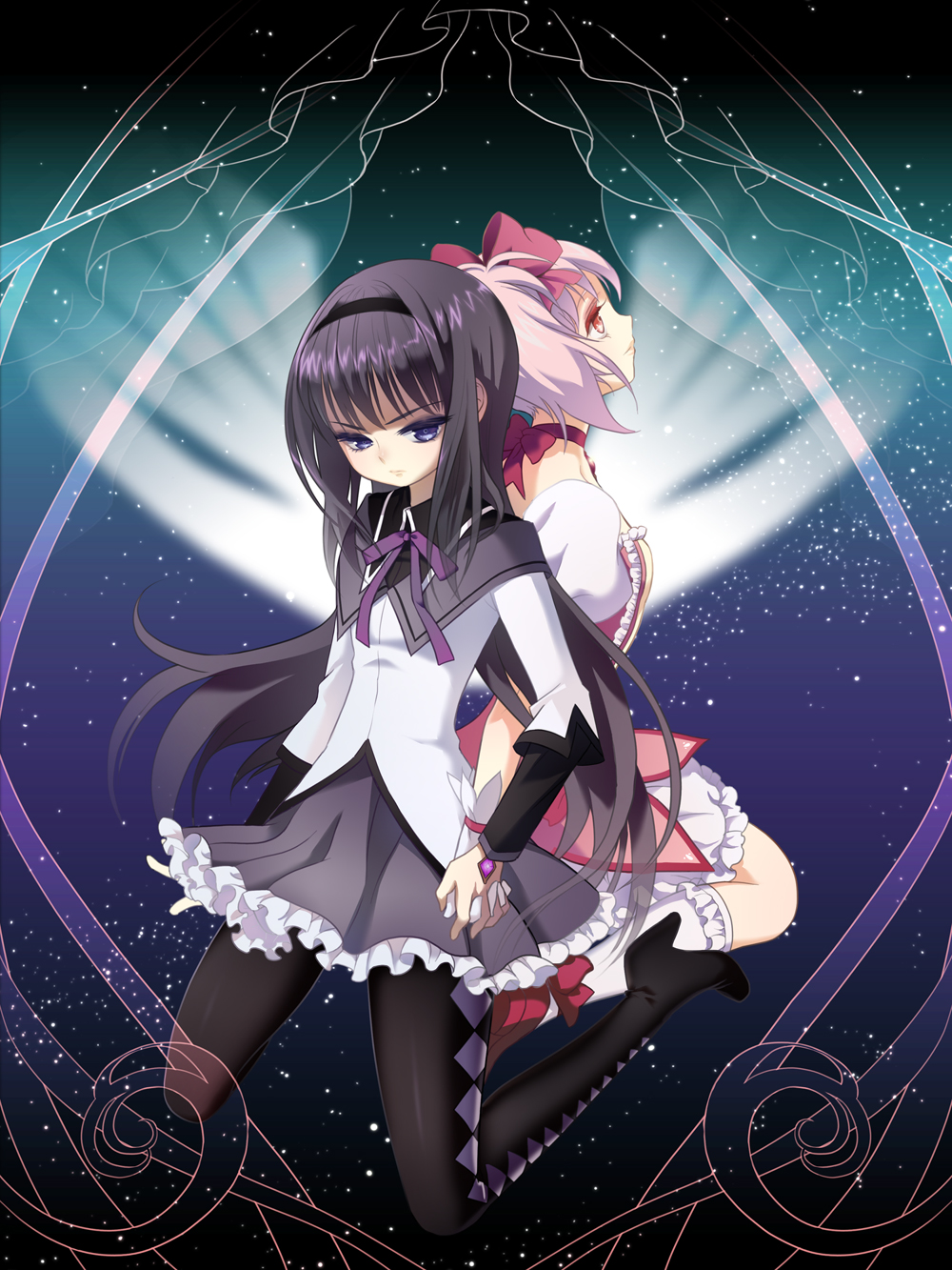 2girls, akemi_homura, argyle, argyle_legwear, back-to-back, black_hair, bow, choker