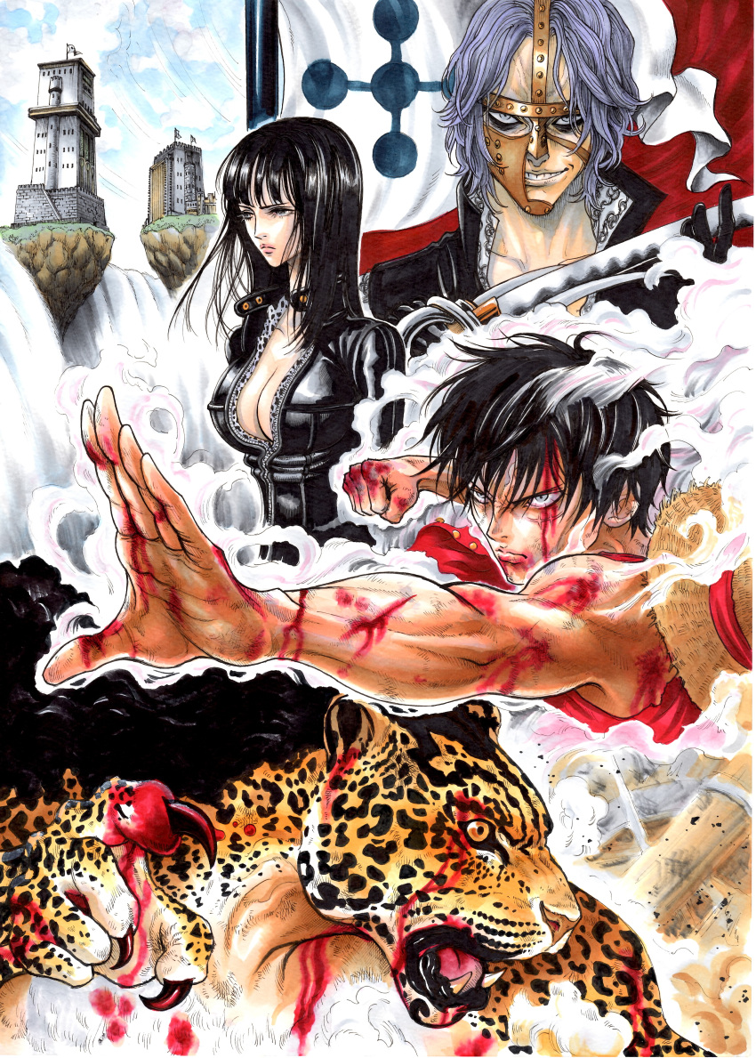 absurdres, blood, highres, marlboro_(artist), monkey_d_luffy, nico_robin, one_piece, rob_lucci