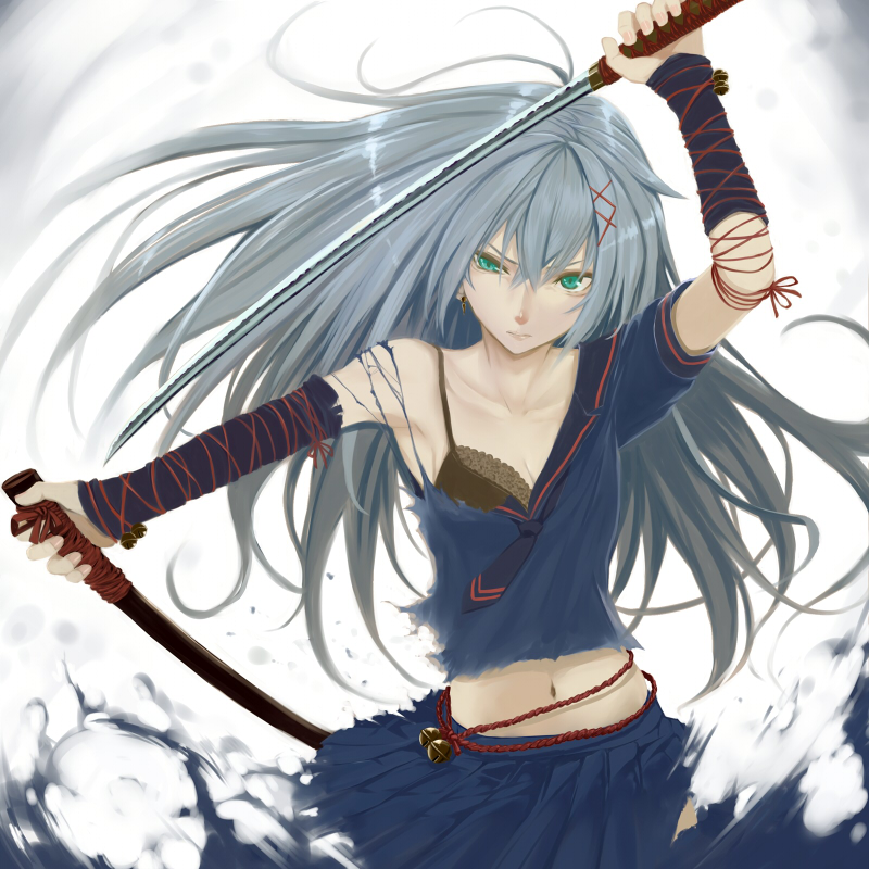 1girl, armpits, bell, bra, bra_strap, collarbone, earrings, green_eyes