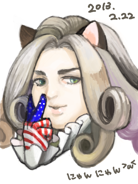 1boy, animal_ears, cat_ears, curly_hair, fat_man, funny_valentine, green_eyes, jojo_no_kimyou_na_bouken