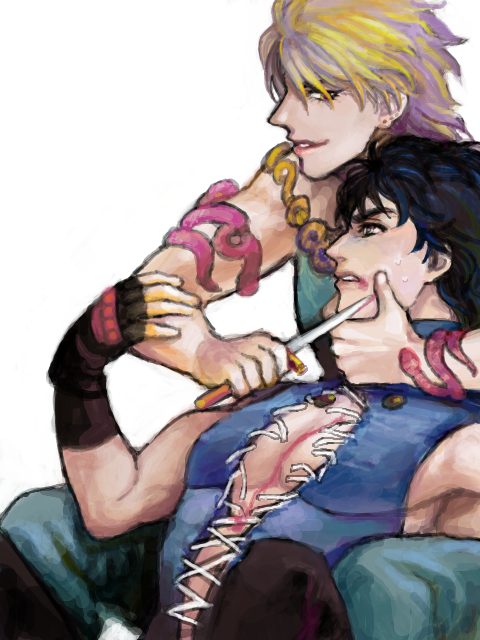 2boys, armlet, black_hair, blonde_hair, blood, bracelet, dio_brando, fingerless_gloves