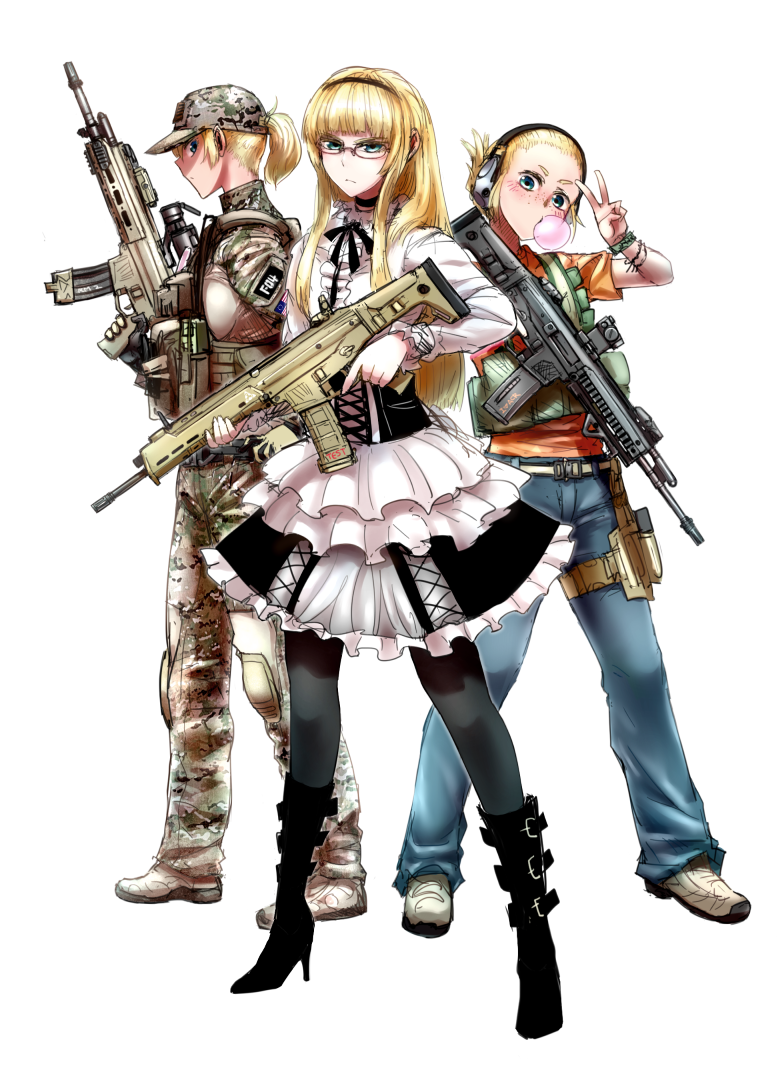 3girls, assault_rifle, blonde_hair, blush, bushmaster_acr, camouflage, choker, didloaded