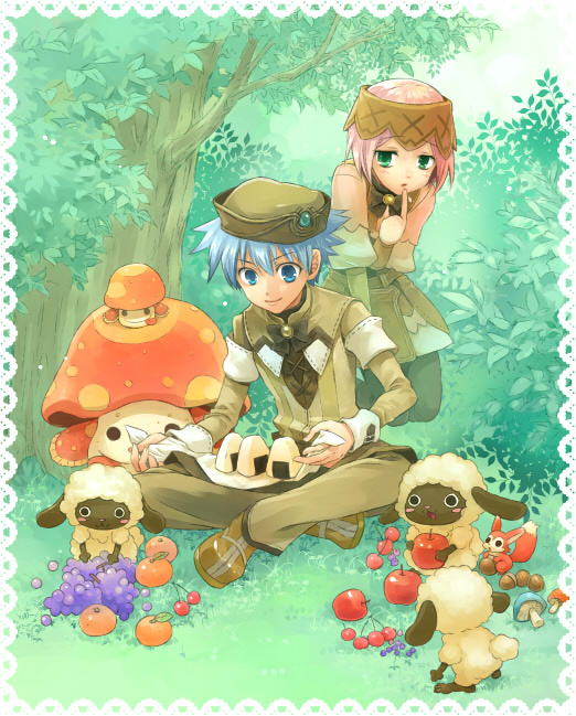 1boy, 1girl, :3, apple, azel_(rune_factory), bangs, belt, beret