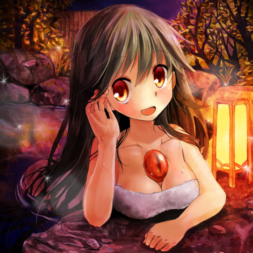 adjusting_hair, bathing, black_hair, breasts, cleavage, highres, lantern, night, okemai, onsen, open_mouth, red_eyes, reiuji_utsuho, smile, third_eye, touhou, towel, tree, water