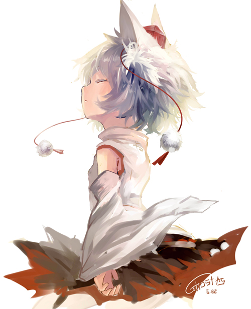 1girl, animal_ears, bust, closed_eyes, detached_sleeves, ghostas, hat, inubashiri_momiji, profile, short_hair, skirt, solo, tokin_hat, touhou, white_hair, wolf_ears