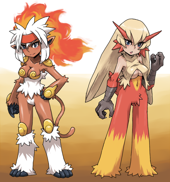 2girls, artist_request, blaziken, blonde_hair, blue_eyes, breasts, claws, dark_skin, fiery_hair, fire, fire_hair, infernape, moemon, multiple_girls, navel, personification, pokemon, tail, underboob, white_hair