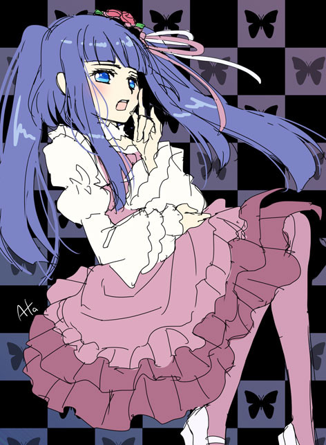 1girl, \n/, blue_eyes, blue_hair, butterfly, checkered, checkered_background, dress