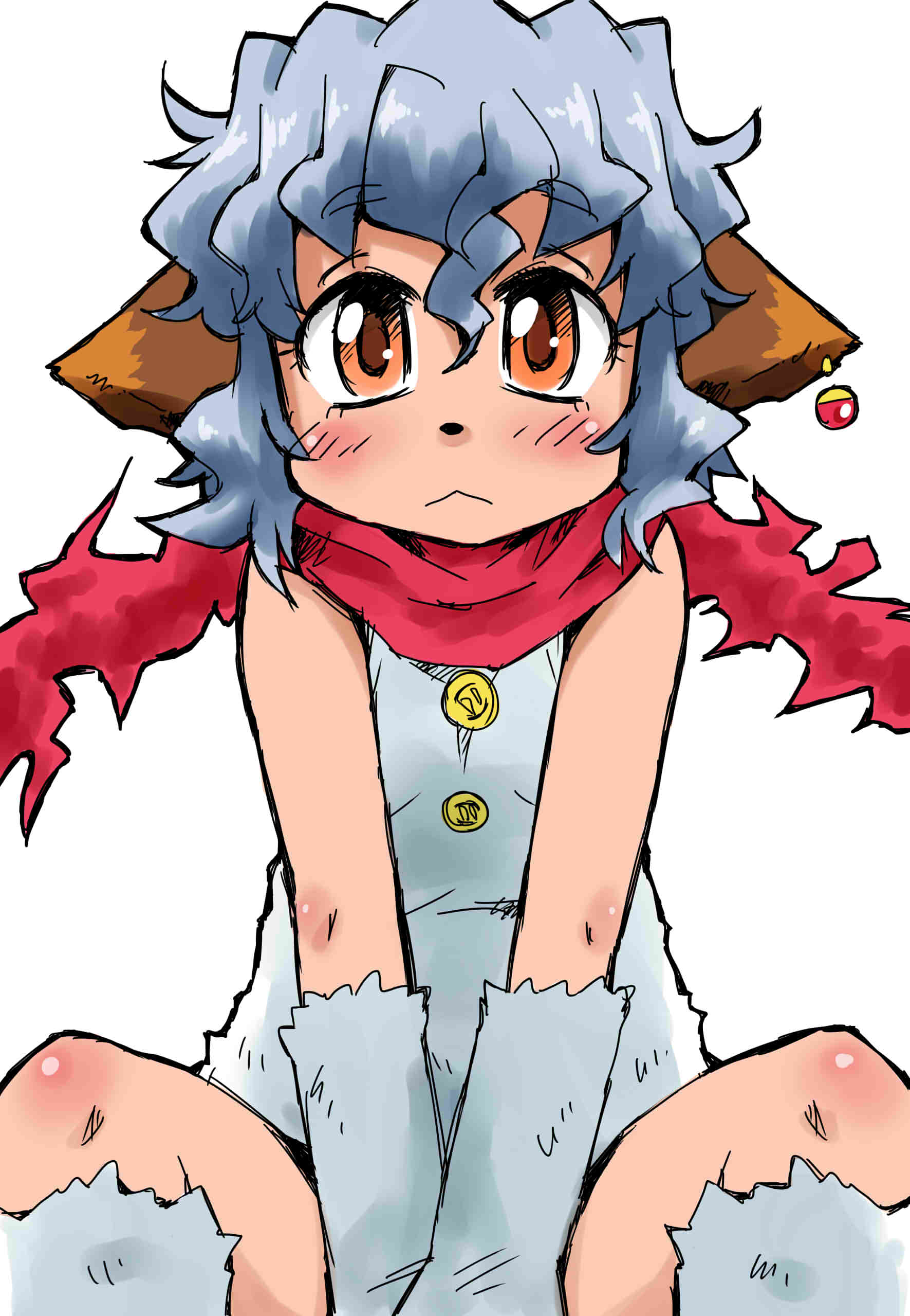 1girl, absurdres, animal_ears, blue_hair, buttons, earrings, fluff, highres, jewelry, konkon, monster_girl, namiuchigiwa_no_muromi-san, scarf, short_hair, yeti_(muromi-san)